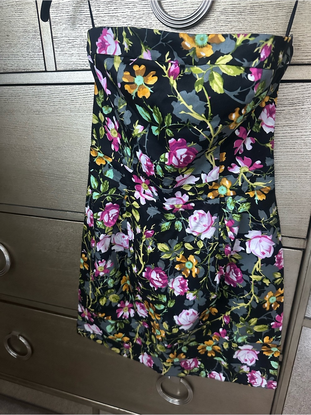 🛍️SALE🛍️ Mango Black Strapless Floral Mini Cocktail Dress w/Pink & Yellow Blooms - Picture 2 of 5